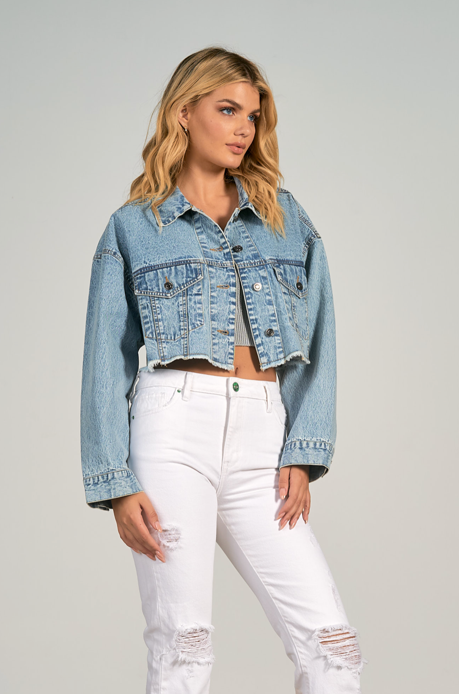 Plus Size Mint Green Cropped Distressed Denim Jacket | Yours Clothing